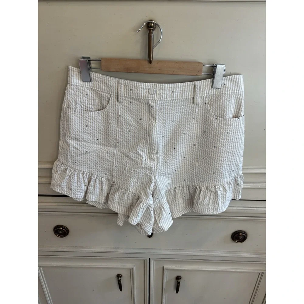 Cinq A‎ Sept Neema Rhinestone Seersucker Shorts Cream Ruffle Chic 10 Striped